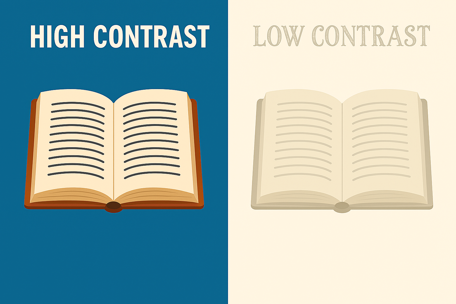 img "two images of illustrated book with text high constrast low contrast"